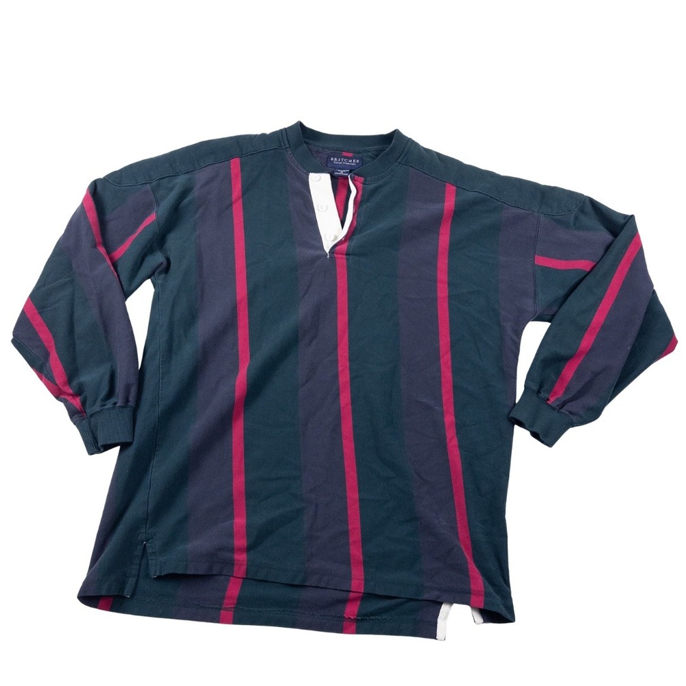 Britches Rugby Shirt Mens XL Navy Green Striped Mock Neck Vintage‎ 90s Polo